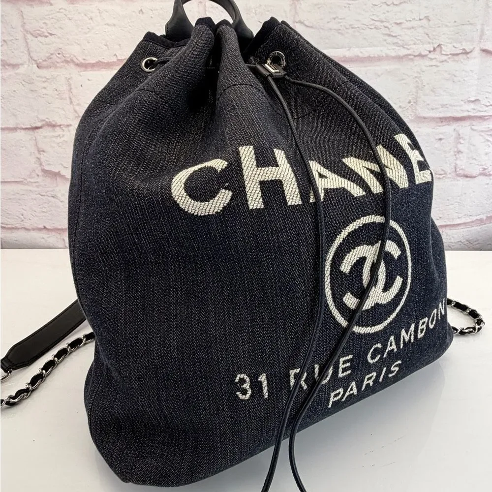 Chanel Deauville Large Navy Denim Canvas Drawstring Backpack